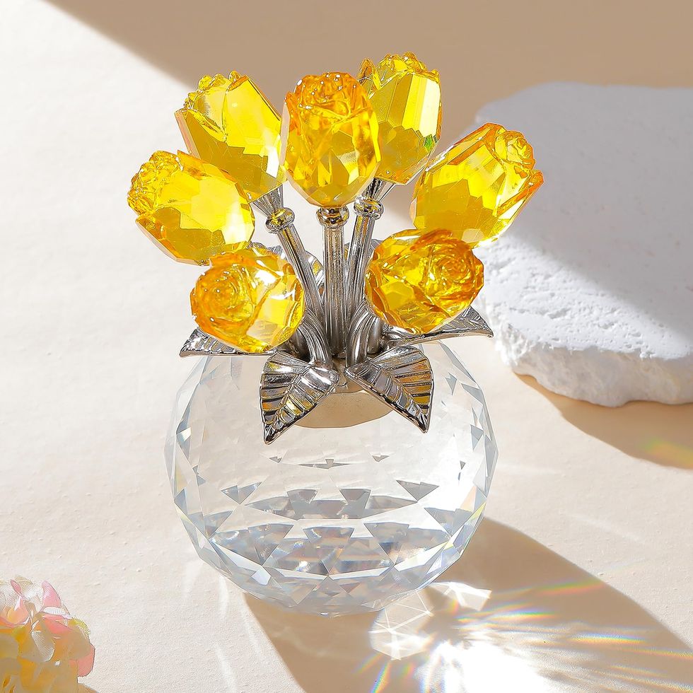 Yellow Rose Crystal Figurine With Vase