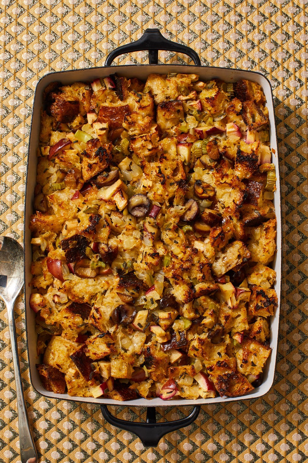 apple chestnut stuffing in a baking dish