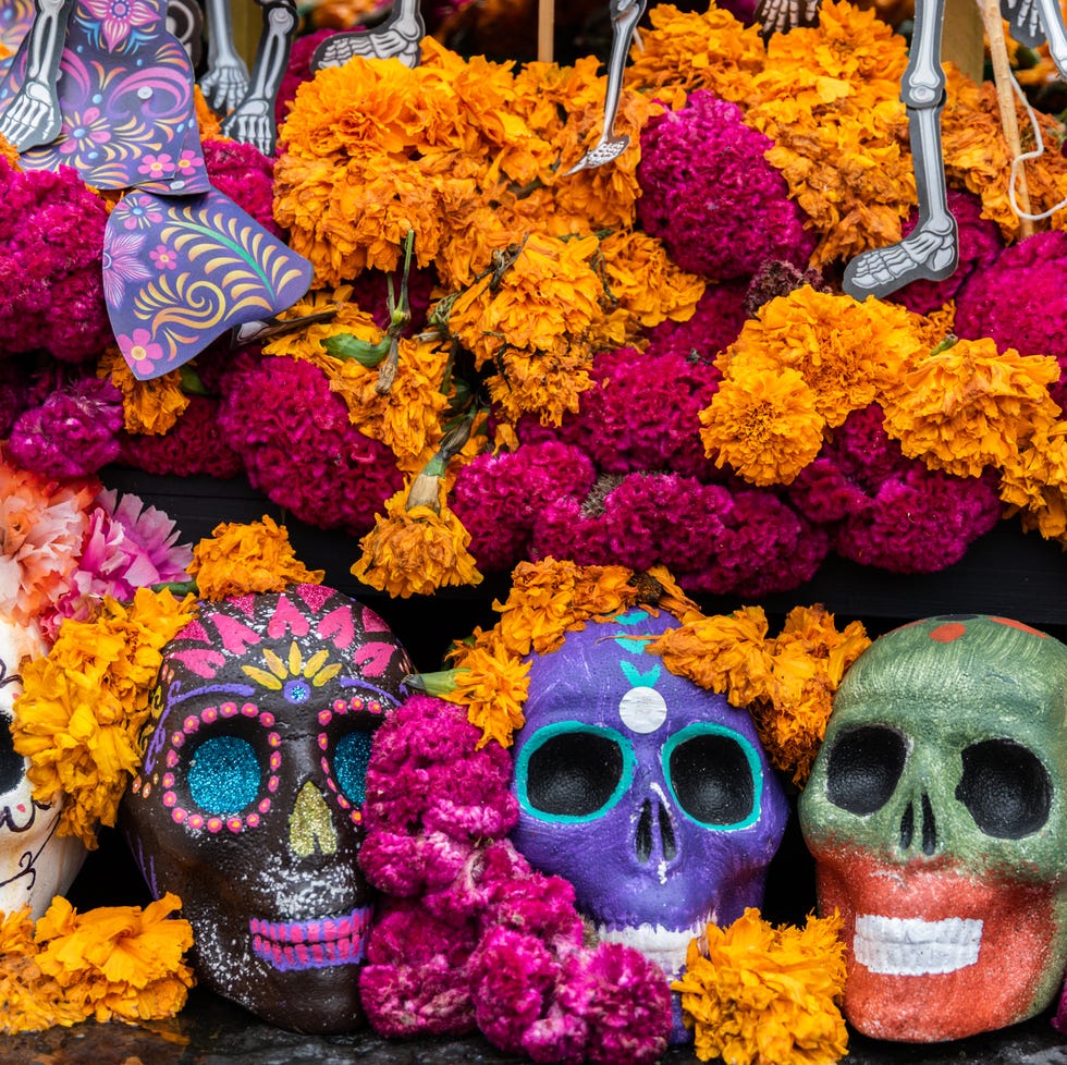 aztec marigold flowers and skulls in day of the dead celebrations altar decorations mexico city, mexico