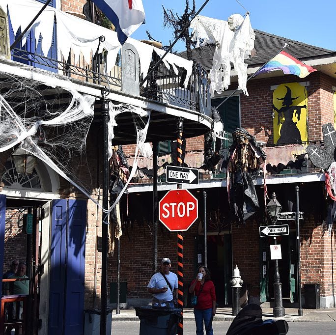 houses in the french quarter of new orleans, louisiana, wear special decorations as the city prepares to celebrate halloween