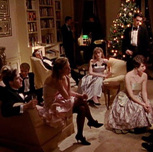 a group of dressed up young people gather in a fancy city apartment that's decorated for the holidays in a scene from metropolitan