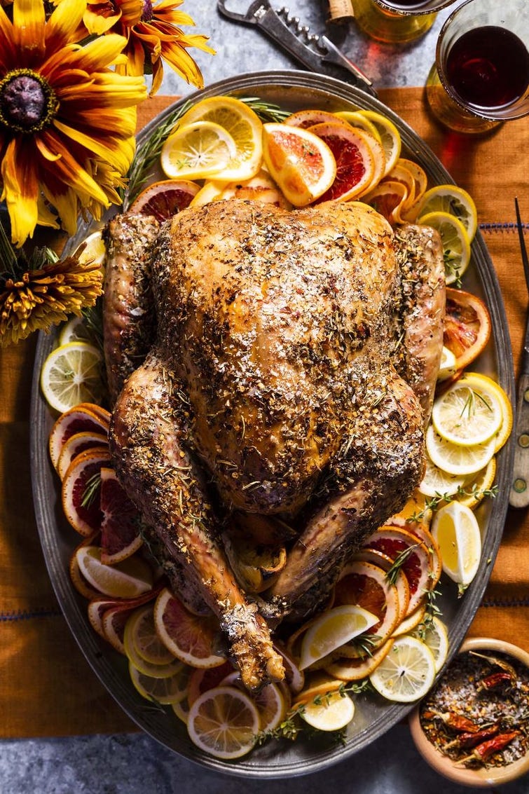 grilled citrus and spice turkey on a serving platter