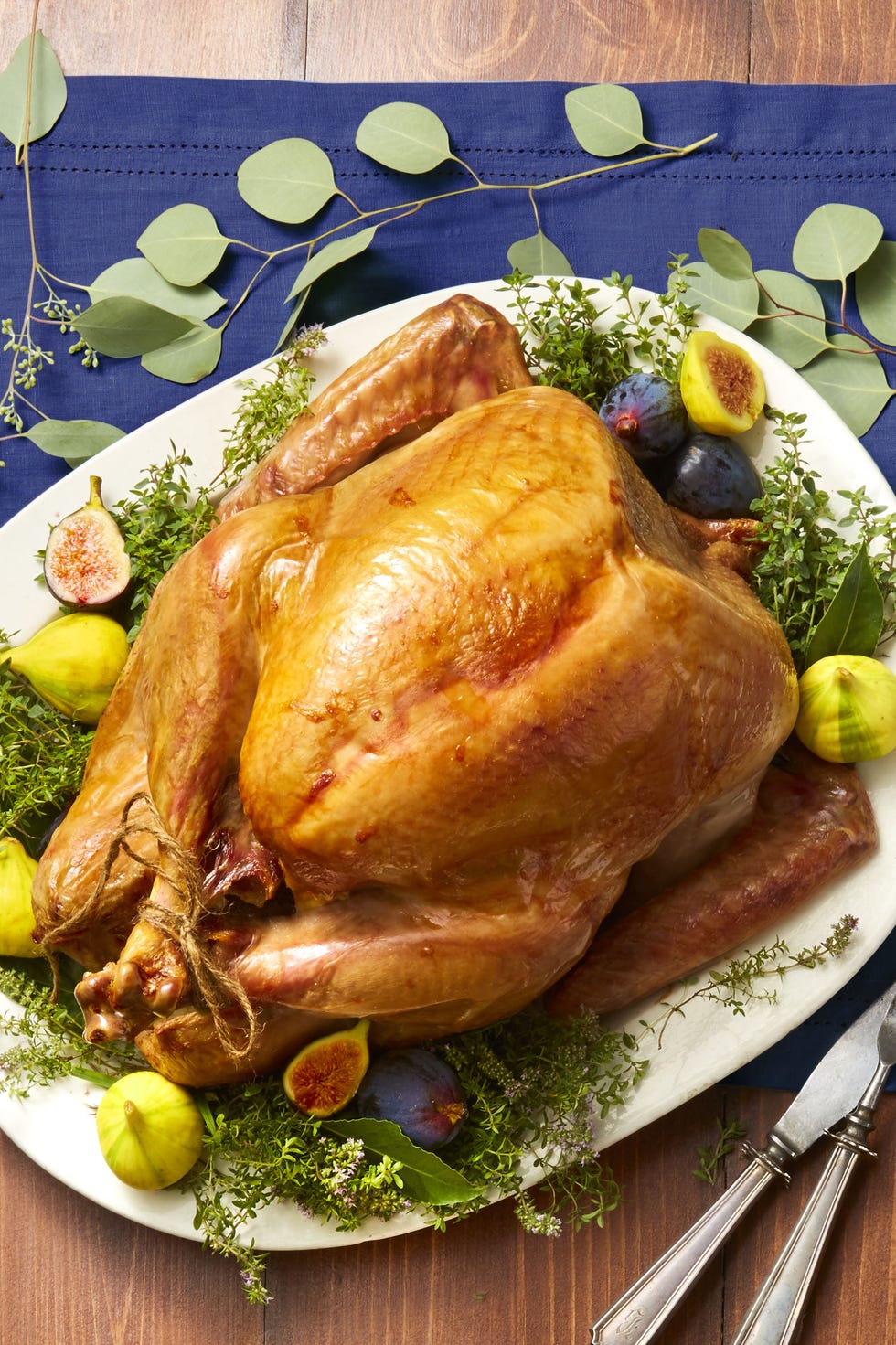 roasted thanksgiving  turkey on a bed of green herbs