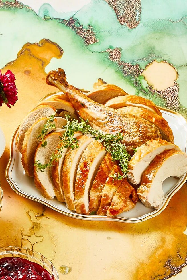 thyme and sage roasted turkey sliced on a platter