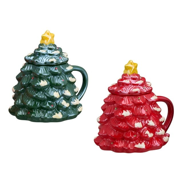 Holiday Tree Glazed Stoneware Ceramic Mugs with Lids