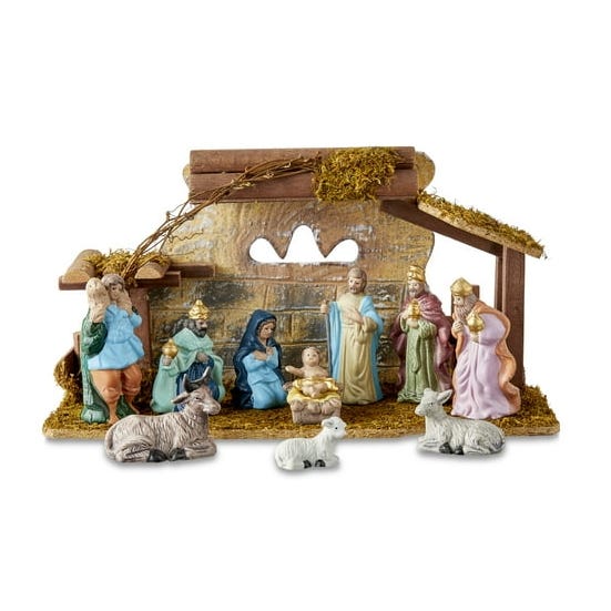 Porcelain Nativity Scene with Wooden Stable