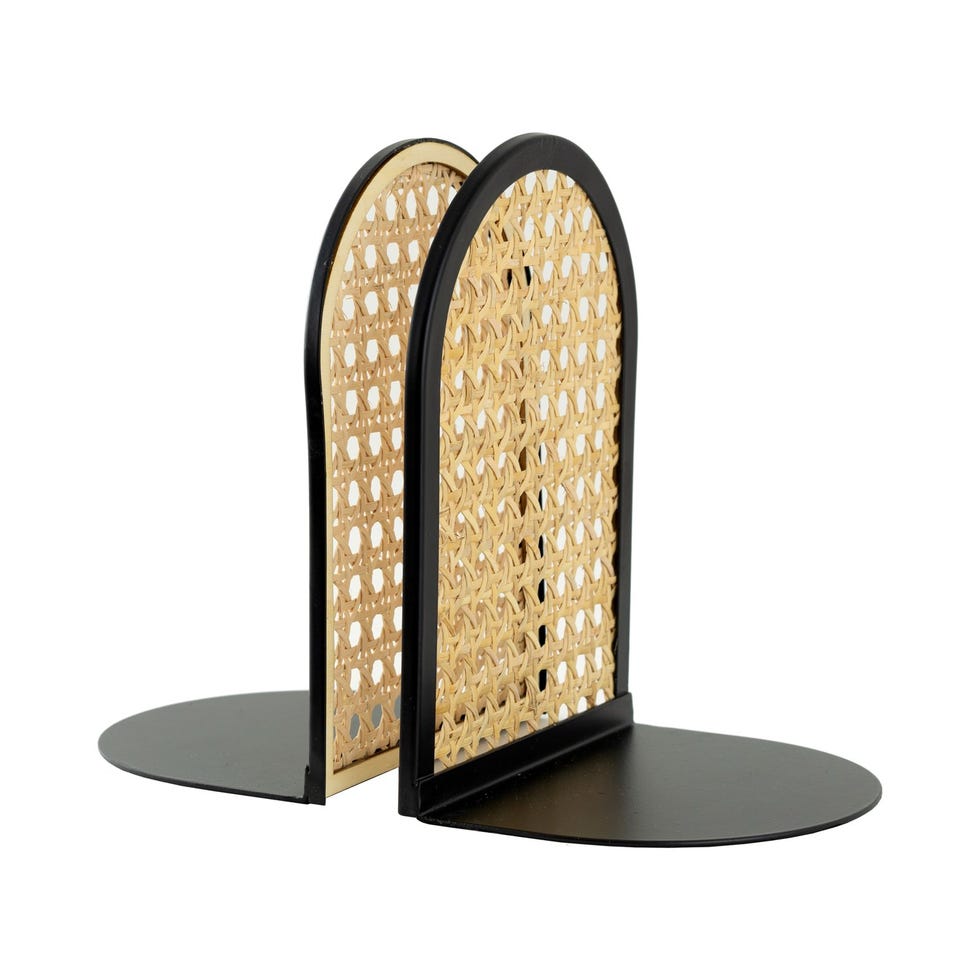 Arched Black Metal and Natural Rattan Indoor Tabletop Bookends