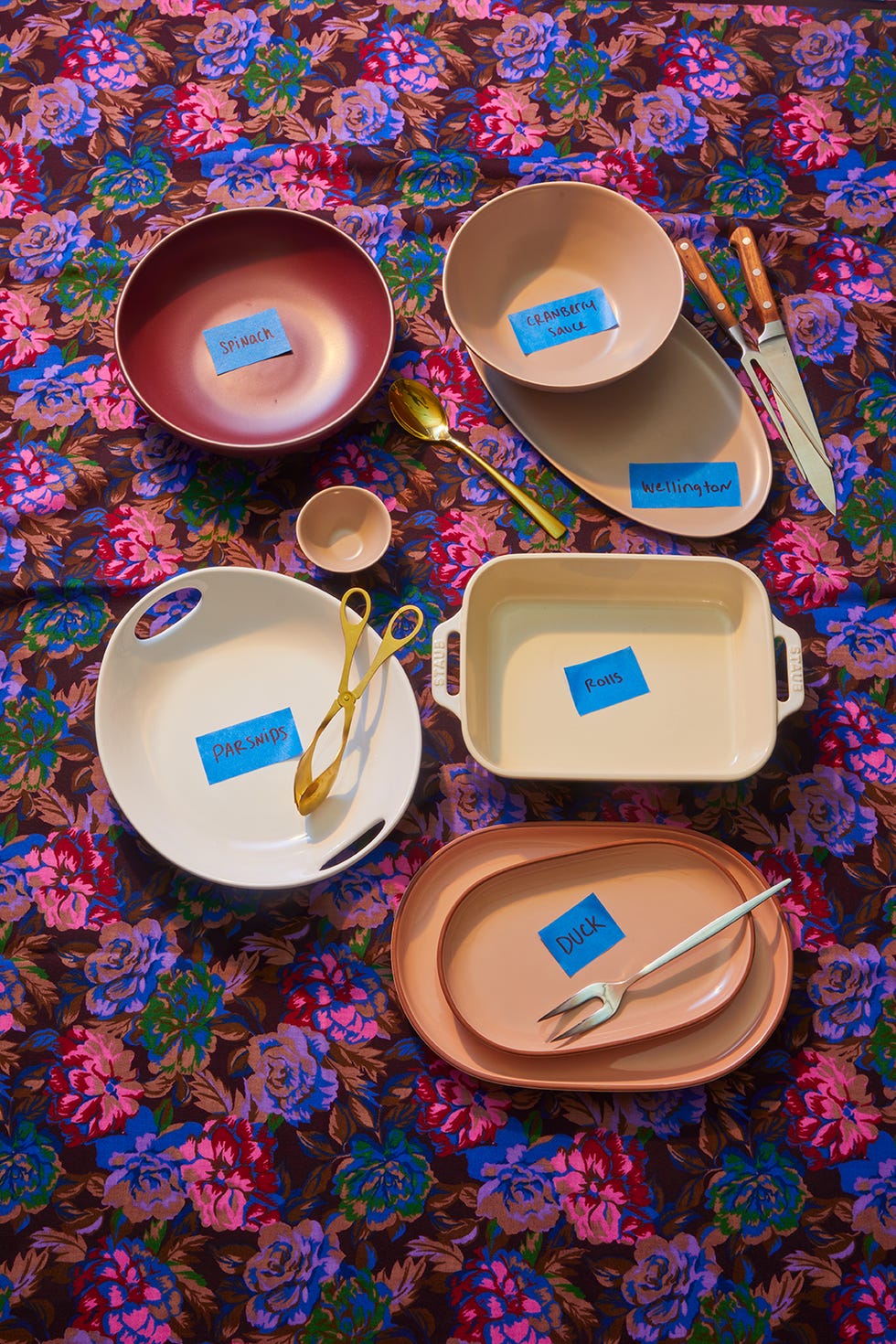 table setting with various dishes labeled for food items