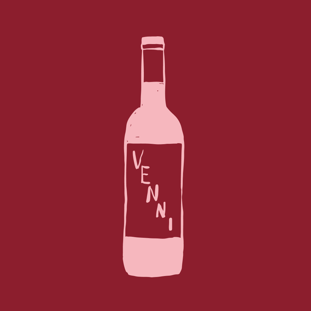 a pink bottle with a rectangular label that has the word venni printed in a playful font the background is a solid dark red color providing contrast to the bottle's design