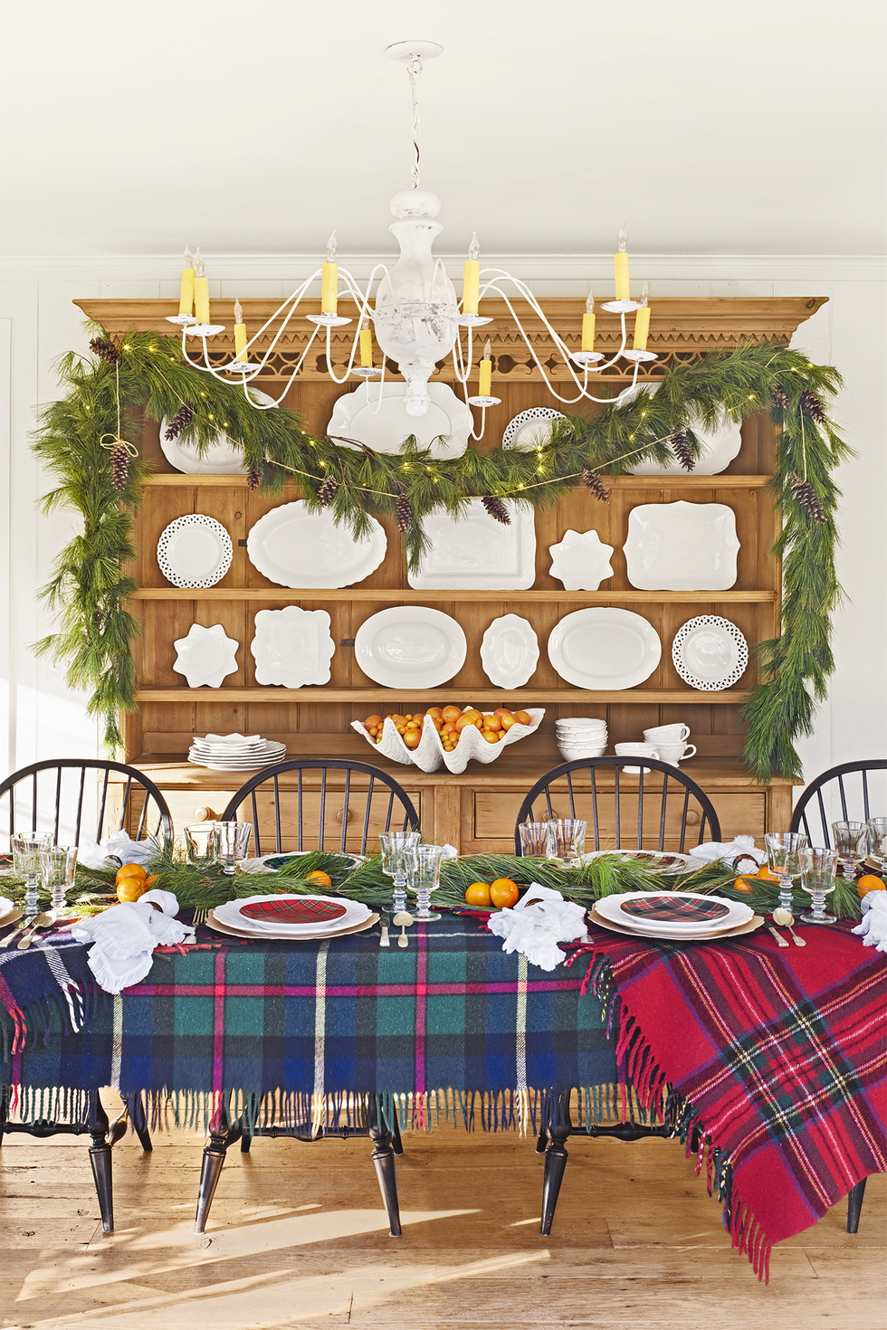 christmas table settings with two plaid throw blankets