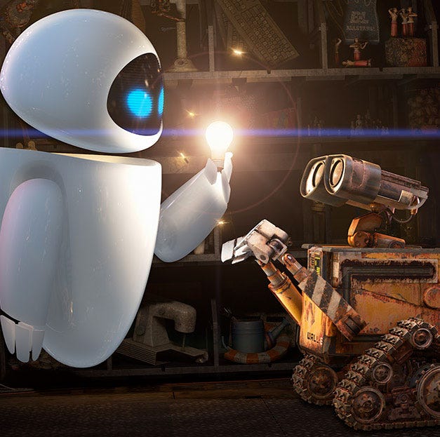 eve shows wall e a spark of light in a scene from wall e a good housekeeping pick for best valentine's day movies for kids