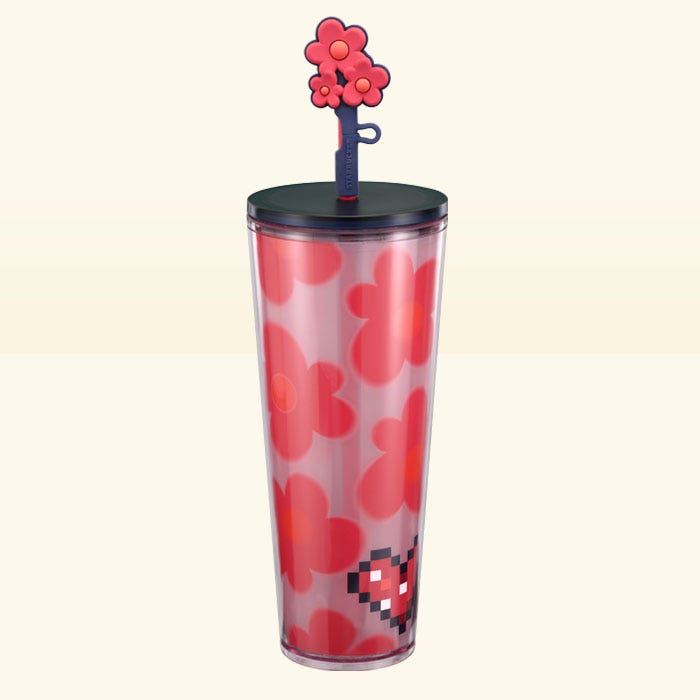 pink floral cold cup with straw topper