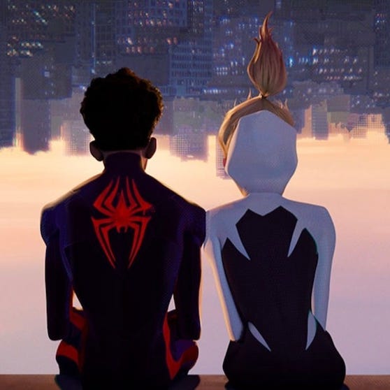 miles morales and gwen stacy sit upside down and watch the skyline in a scene from across the spider verse