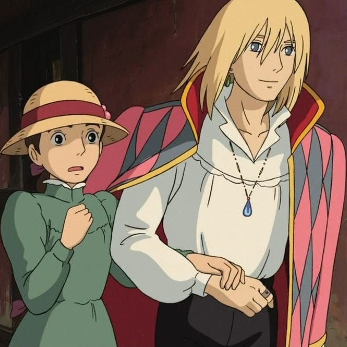 a worried sophie is escorted by a smiling howl in a scene from howl's moving castle